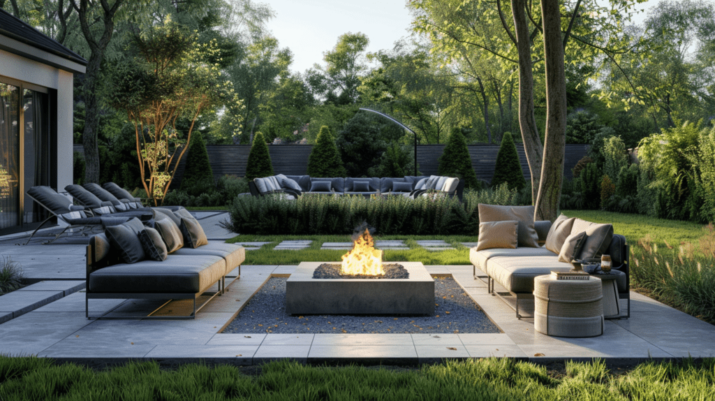 a square fire pit table in the middle of a patio area