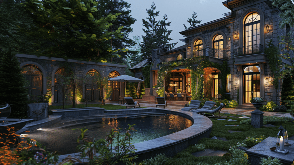 a large luxurious house with a swimming pool in front of it