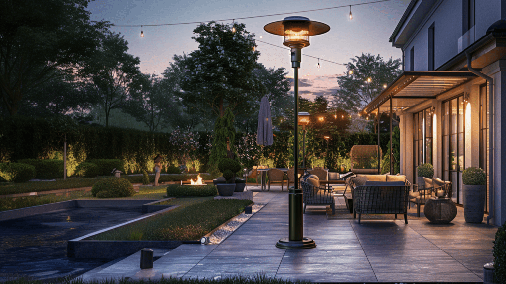 a large modern patio with a heater fire pit and pool