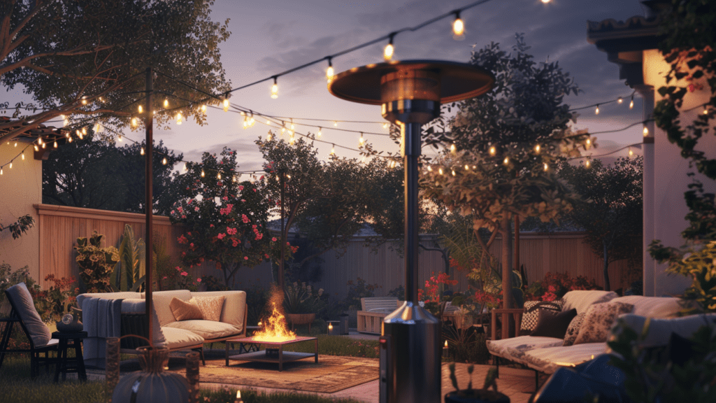 a gorgeous backyard with a fire pit patio heater and string lights