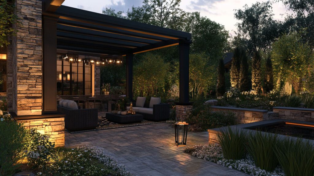 a modern patio area with a pergola and a stainless steel solar lantern