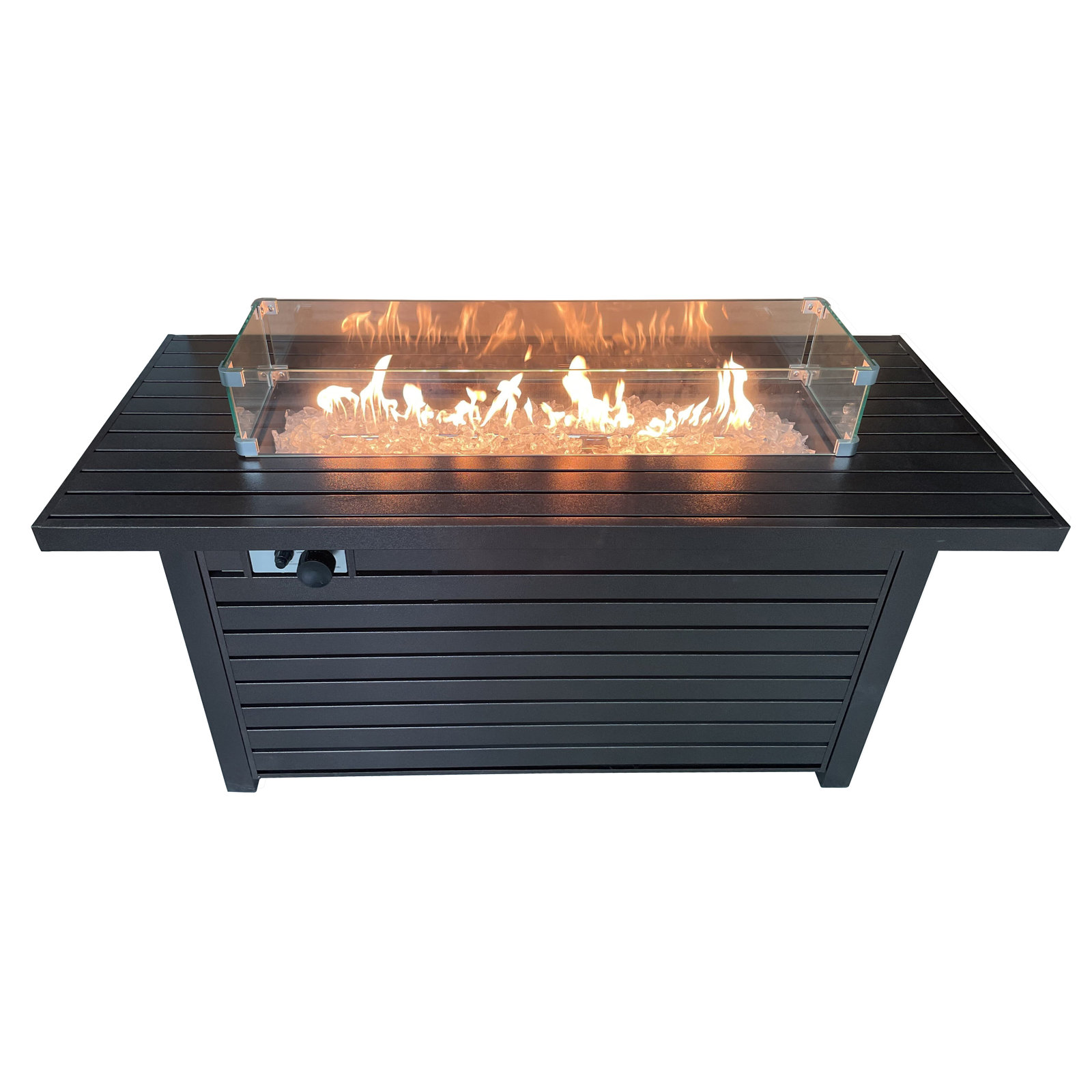Rectangle Aluminum Propane Gas Fire Pit in Hammered Bronze with Wind Screen