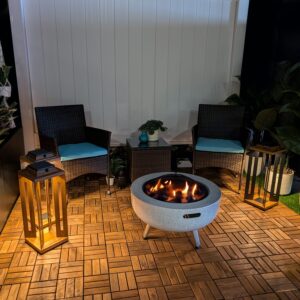 a patio with wicker furniture and a fire pit