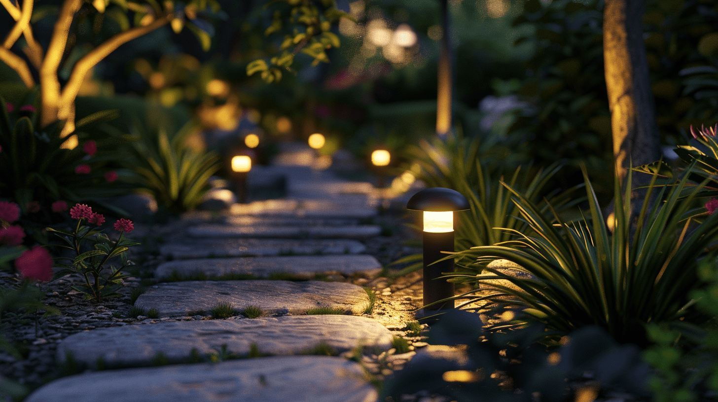 a path in a garden is lit up at night